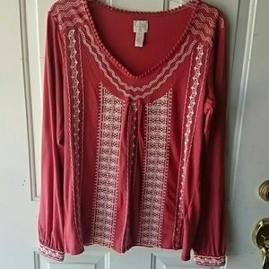 Lucky Brand 100% cotton, embroidered red boho long sleeve top